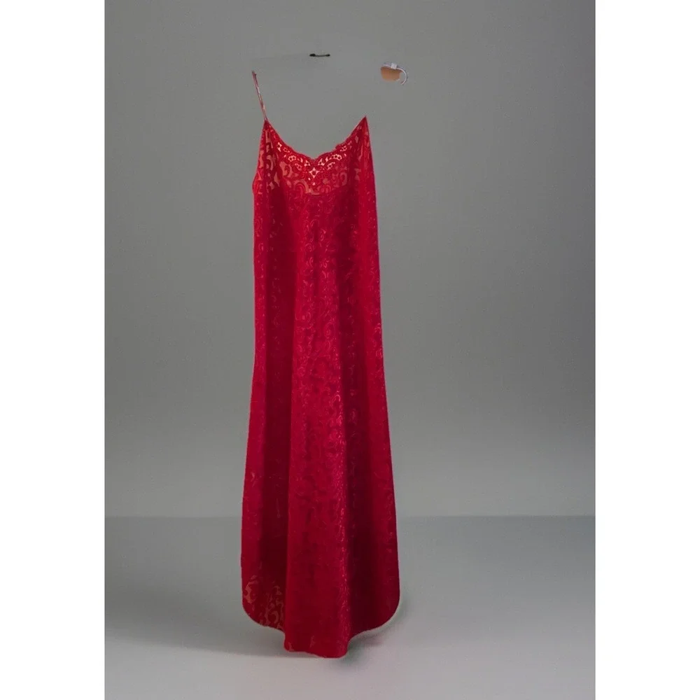 Lucie Ann Nightgown Red Brocade Small Slip Sheer Embroidered‎ Strappy Vintage
